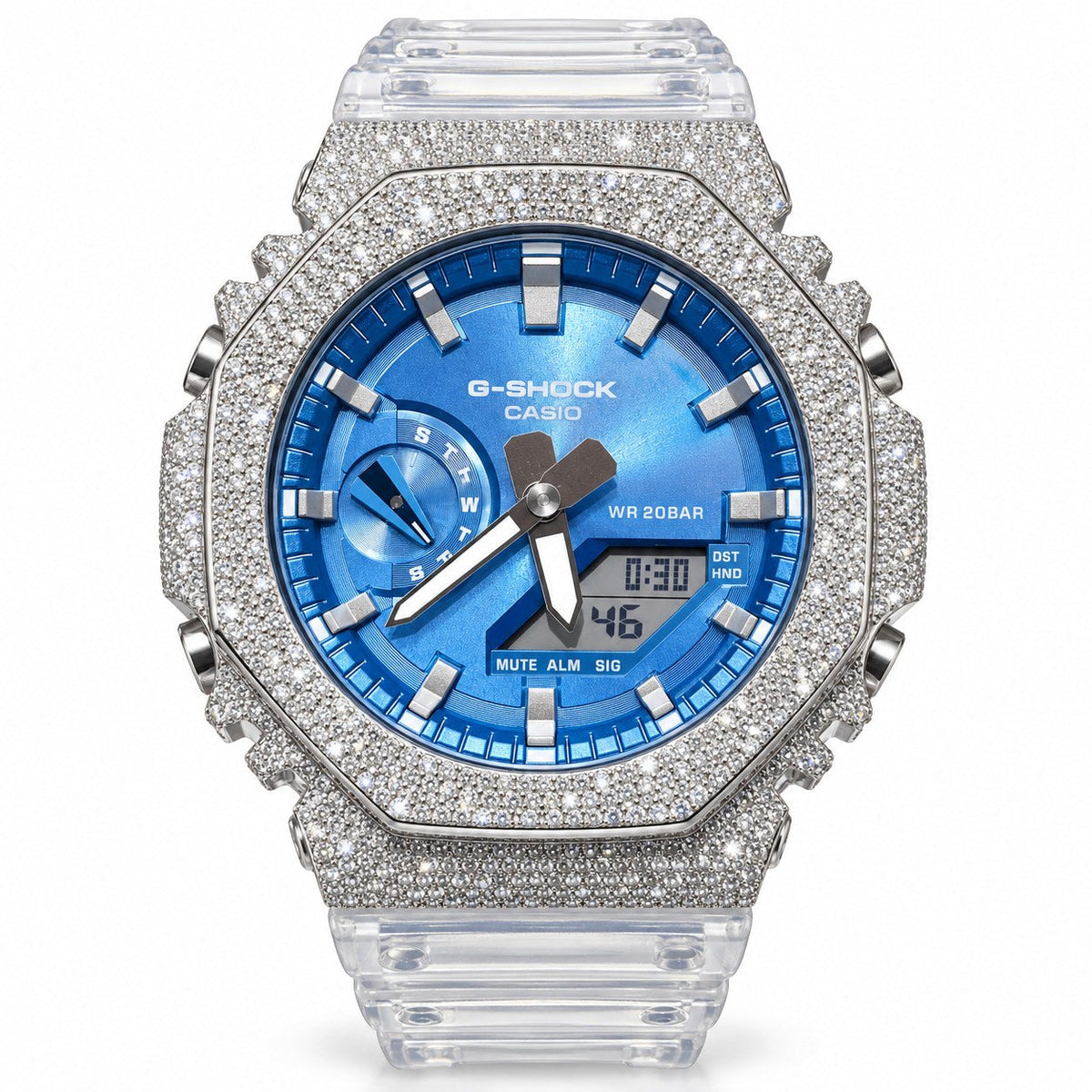 Iced out moissanite G-Shock GA-2100 watch with blue dial and clear band – men's hip hop iced out watch