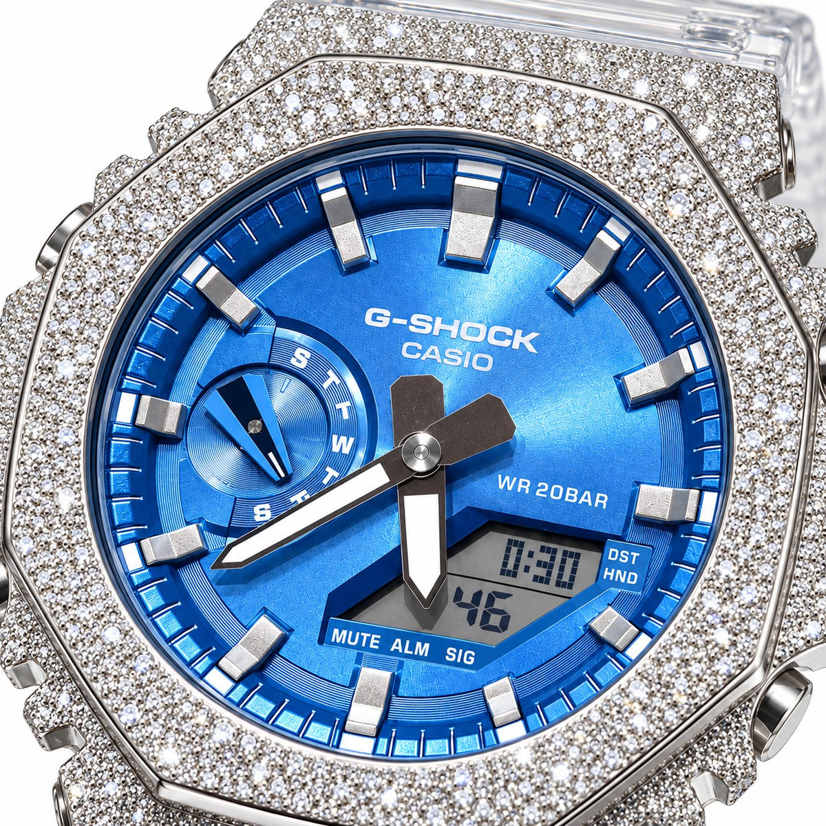 Iced out moissanite G-Shock GA-2100 watch with blue dial and clear band – moissanite bust down watch