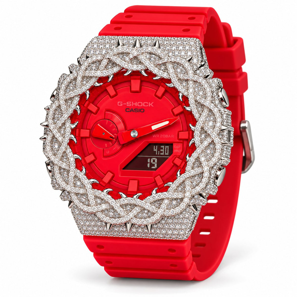 Iced out moissanite G-Shock GA-2100 watch with bright red dial and barbed wire bezel – custom bust down CasiOak
