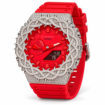 Iced out moissanite G-Shock GA-2100 watch with bright red dial and barbed wire bezel – custom bust down CasiOak
