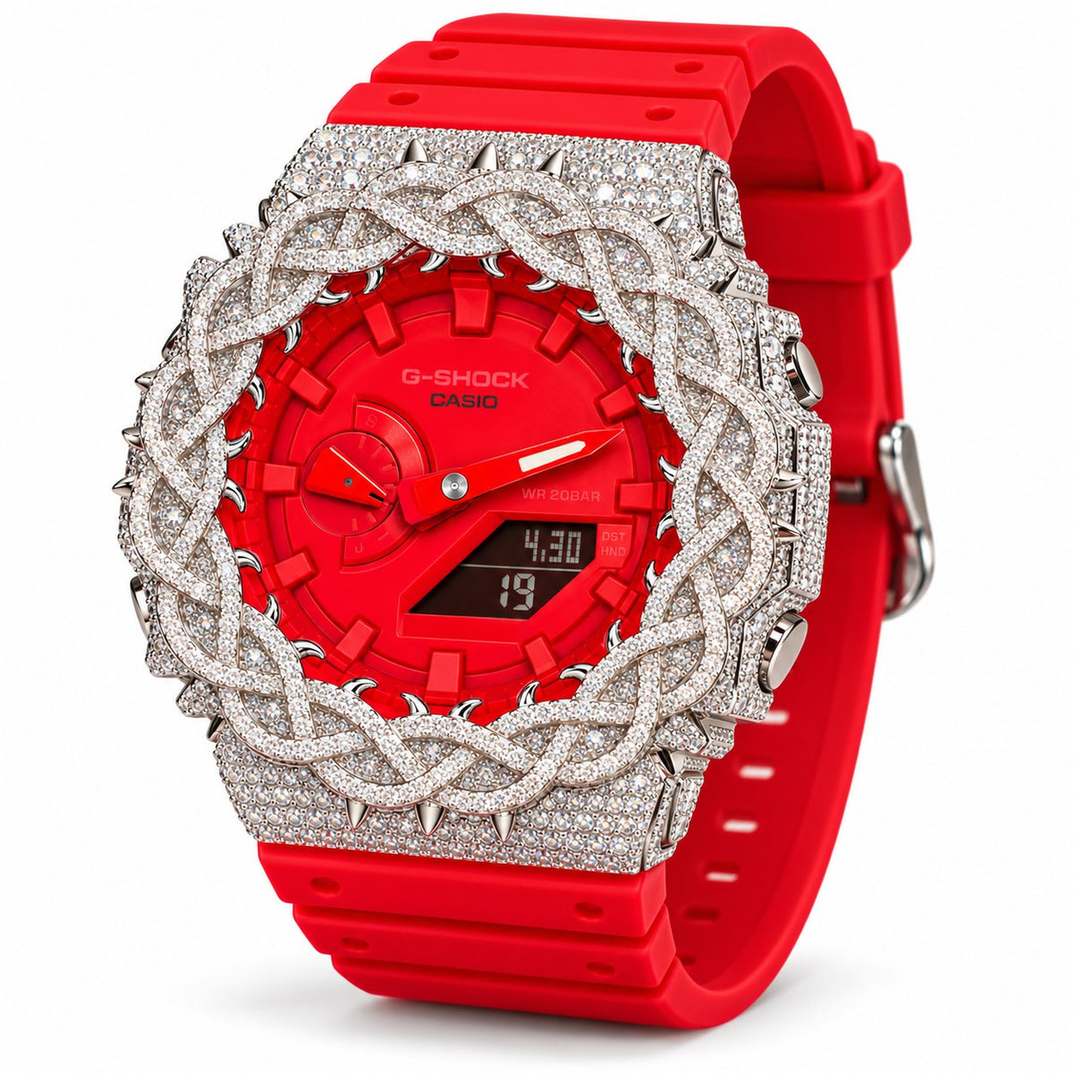 Iced out moissanite G-Shock GA-2100 watch with bright red dial and barbed wire bezel – fully iced moissanite case and bezel