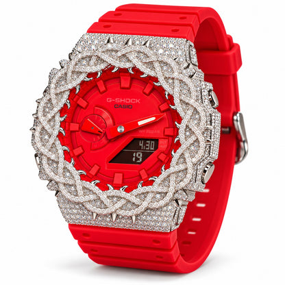 Iced out moissanite G-Shock GA-2100 watch with bright red dial and barbed wire bezel – fully iced moissanite case and bezel