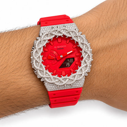 Iced out moissanite G-Shock GA-2100 watch with bright red dial and barbed wire bezel – men's hip hop iced out watch