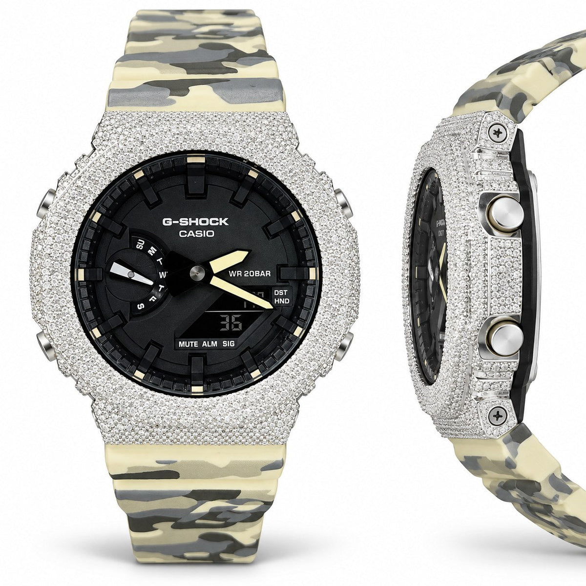 Iced out moissanite G-Shock GA-2100 watch with black dial and cream camo band – custom bust down CasiOak