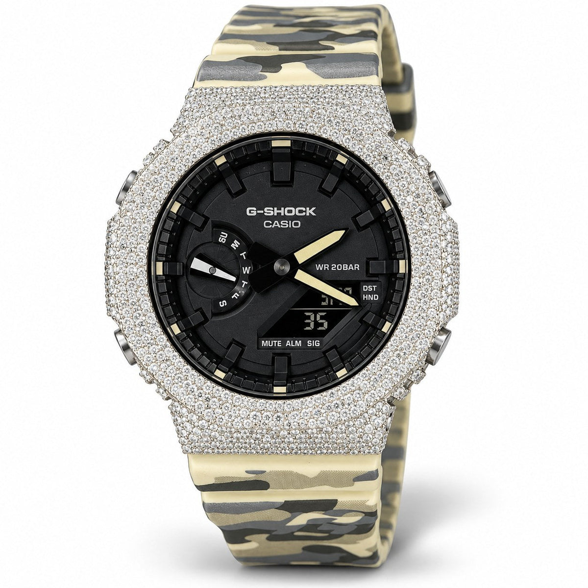 Iced out moissanite G-Shock GA-2100 watch with black dial and cream camo band – fully iced moissanite case and bezel