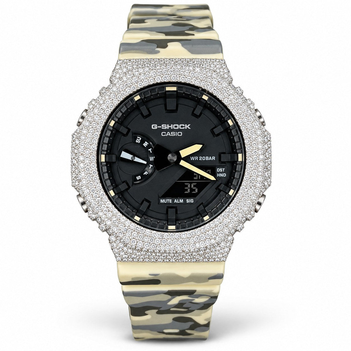 Iced out moissanite G-Shock GA-2100 watch with black dial and cream camo band – front view