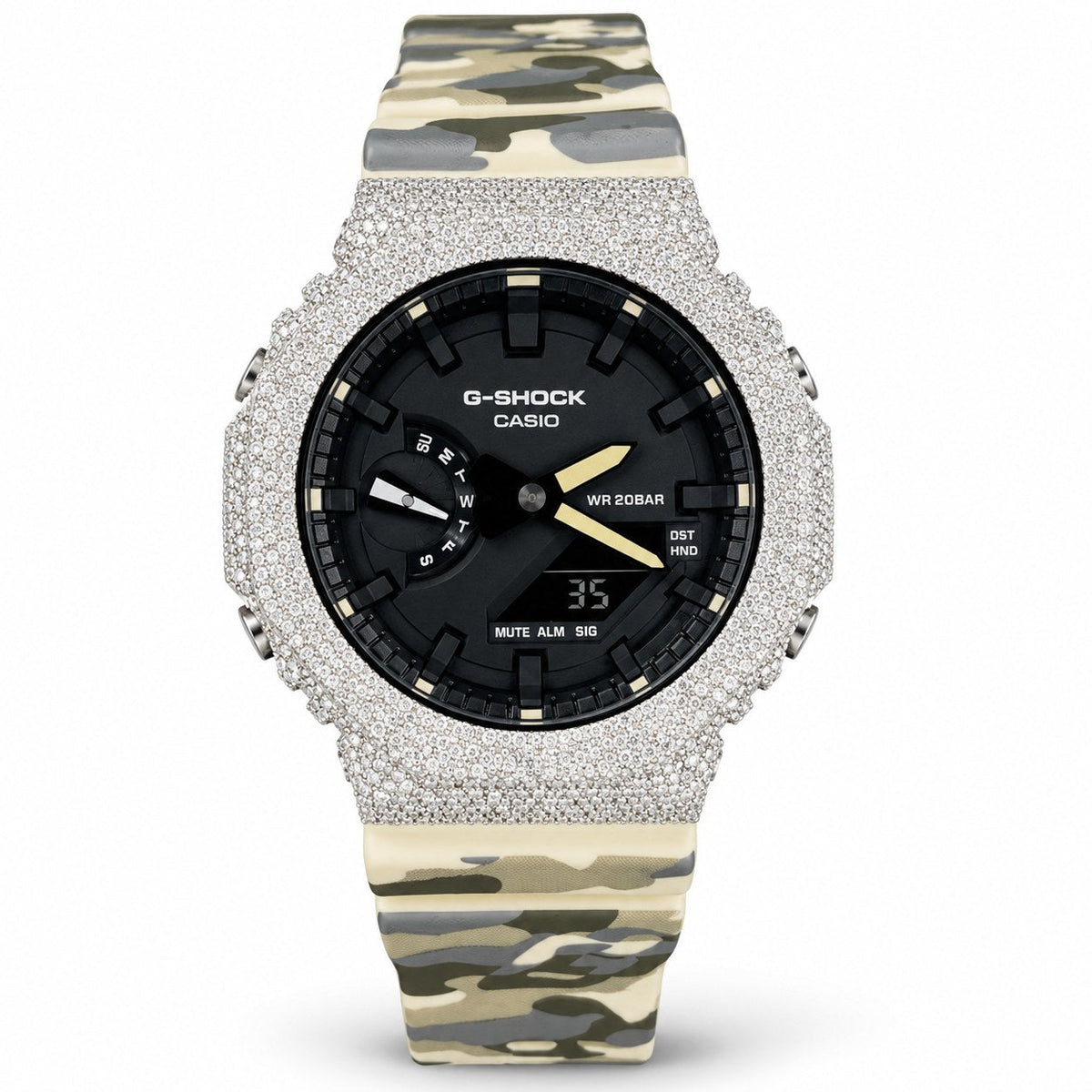 Iced out moissanite G-Shock GA-2100 watch with black dial and cream camo band – men's hip hop iced out watch