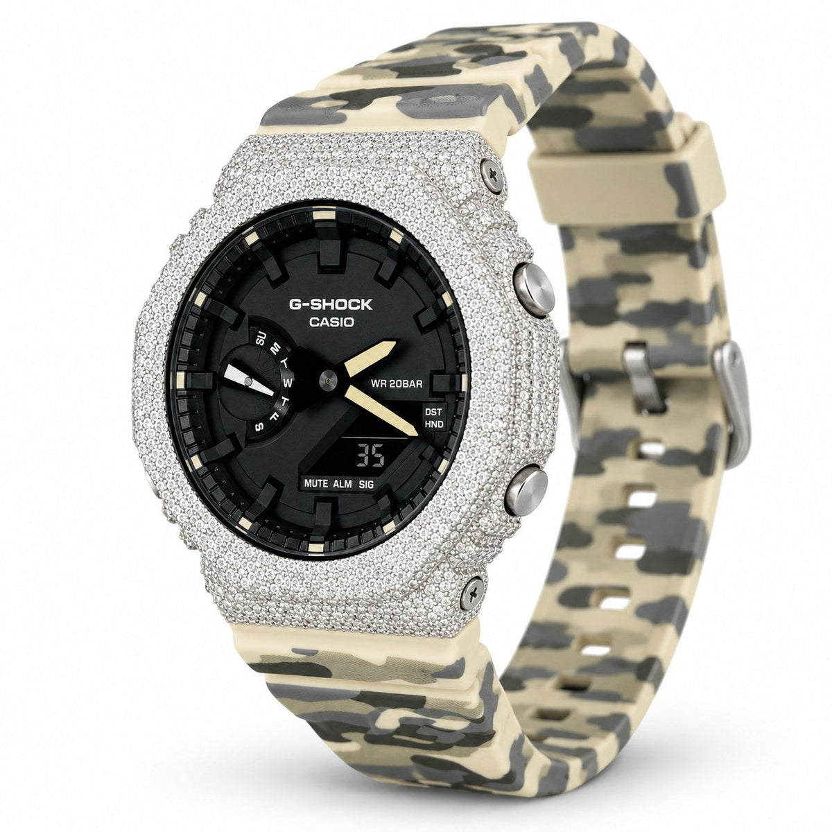 Iced out moissanite G-Shock GA-2100 watch with black dial and cream camo band – bust down G-Shock