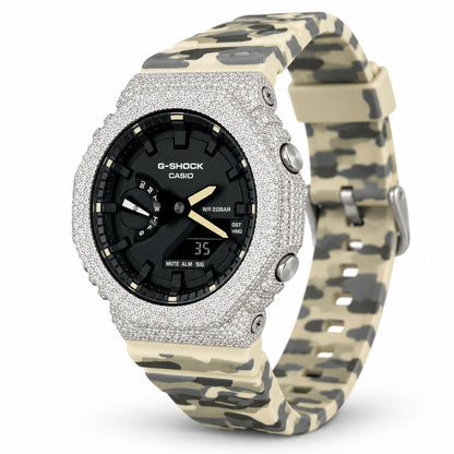 Iced out moissanite G-Shock GA-2100 watch with black dial and cream camo band – bust down G-Shock