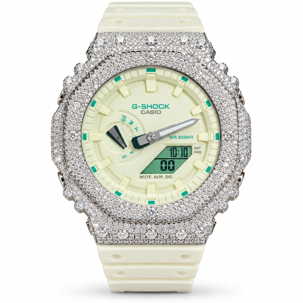 Iced out moissanite G-Shock GA-2100 watch with cream white dial and band – custom bust down CasiOak