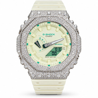 Iced out moissanite G-Shock GA-2100 watch with cream white dial and band – custom bust down CasiOak