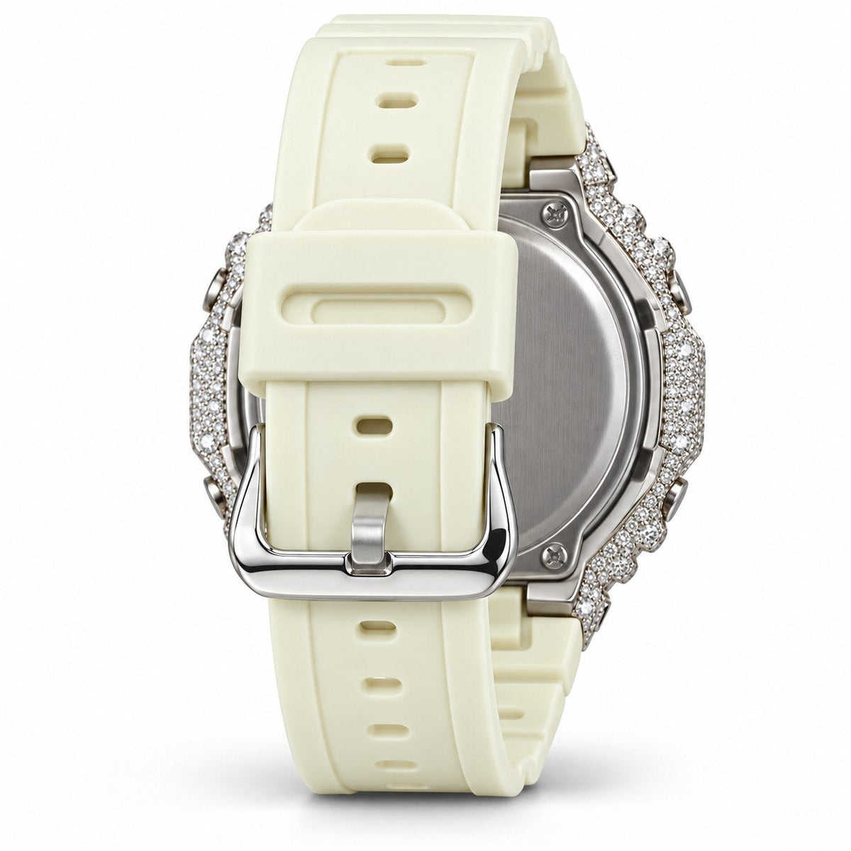 Iced out moissanite G-Shock GA-2100 watch with cream white dial and band – men's hip hop iced out watch