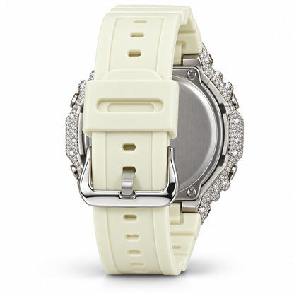 Iced out moissanite G-Shock GA-2100 watch with cream white dial and band – men's hip hop iced out watch