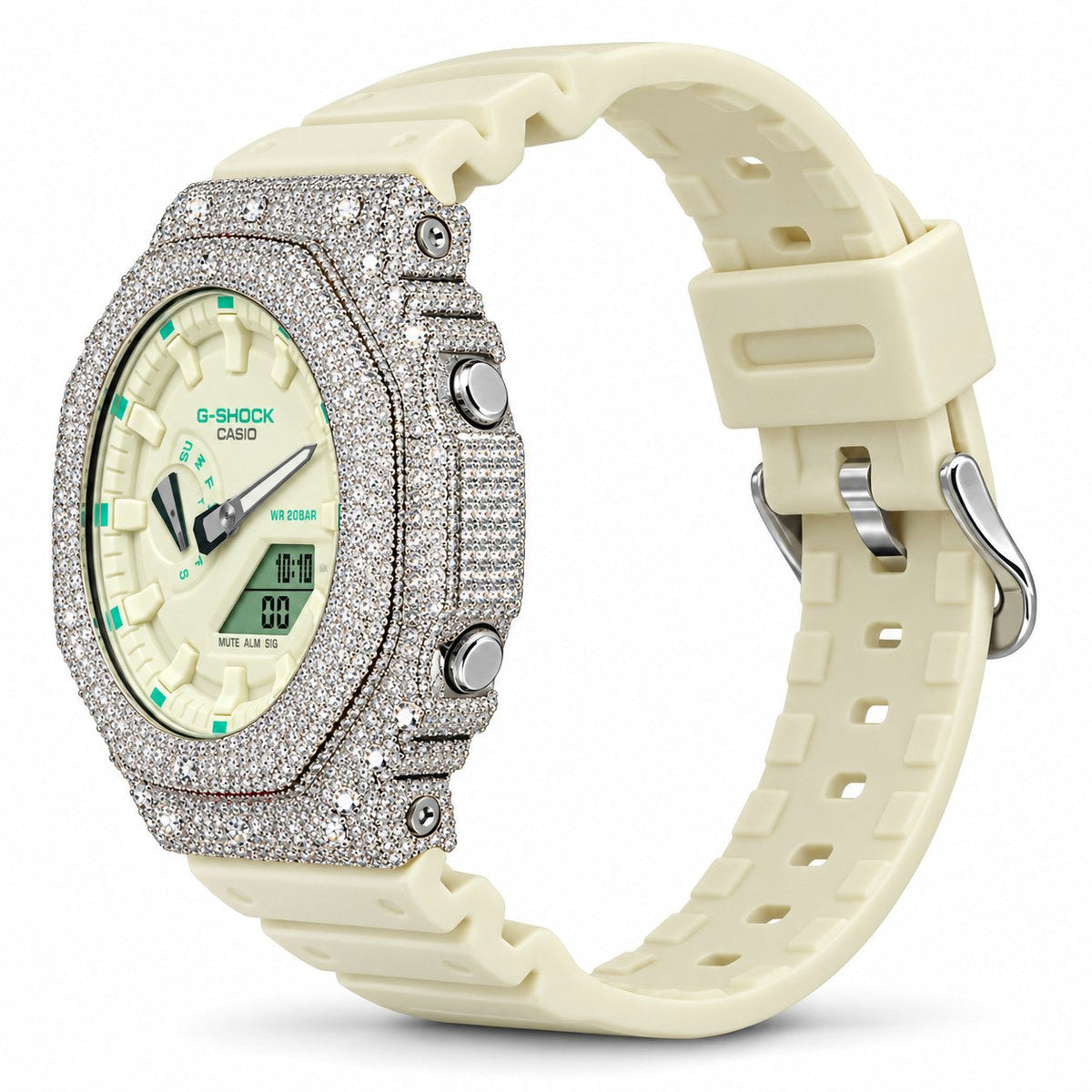 Iced out moissanite G-Shock GA-2100 watch with cream white dial and band – custom iced G-Shock