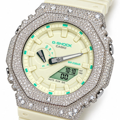 Iced out moissanite G-Shock GA-2100 watch with cream white dial and band – iced out CasiOak