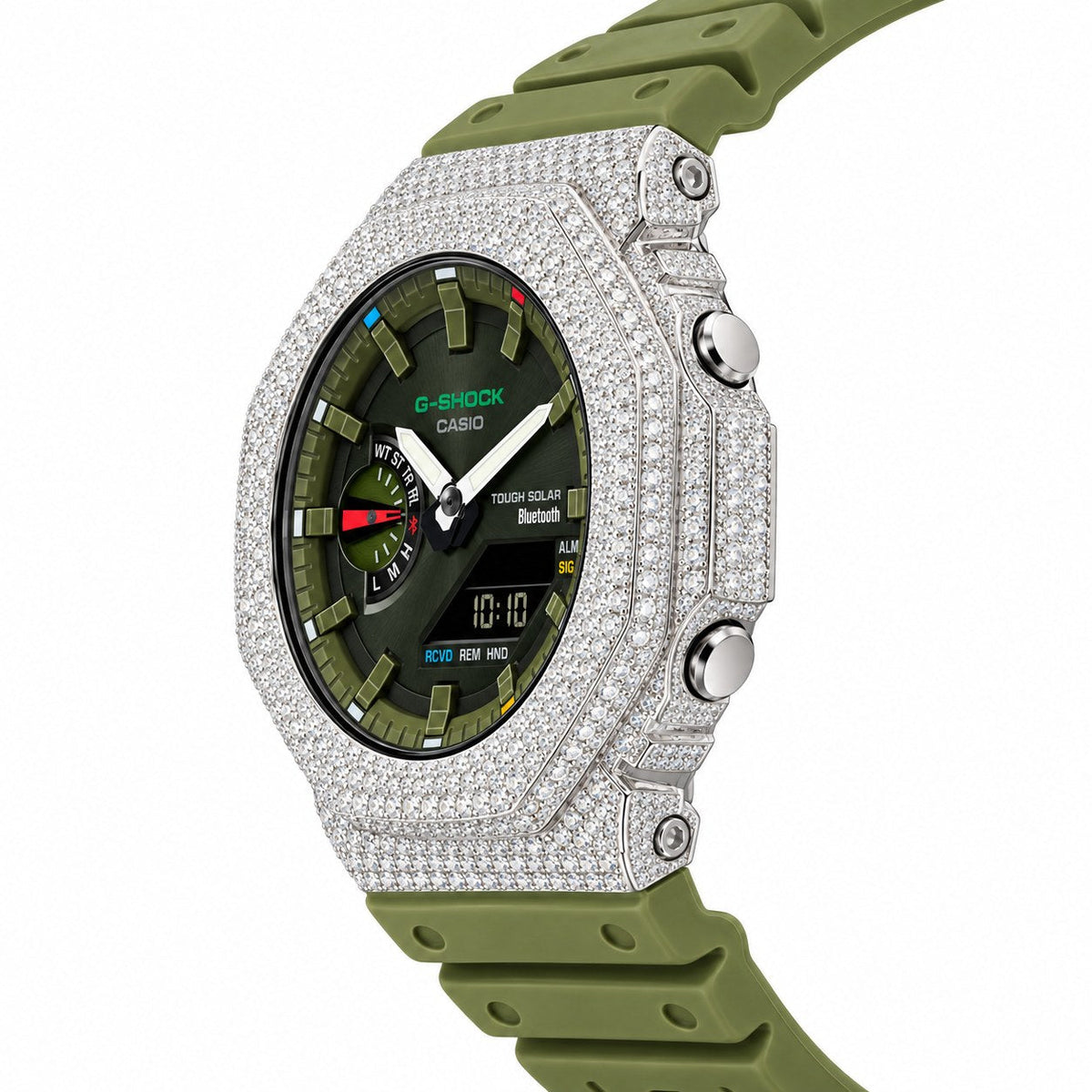 Iced out moissanite G-Shock GA-2100 watch with olive green dial and band – custom bust down CasiOak