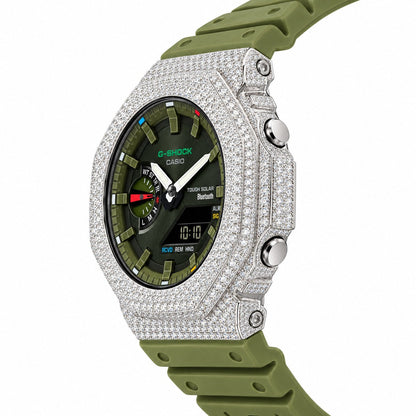 Iced out moissanite G-Shock GA-2100 watch with olive green dial and band – custom bust down CasiOak