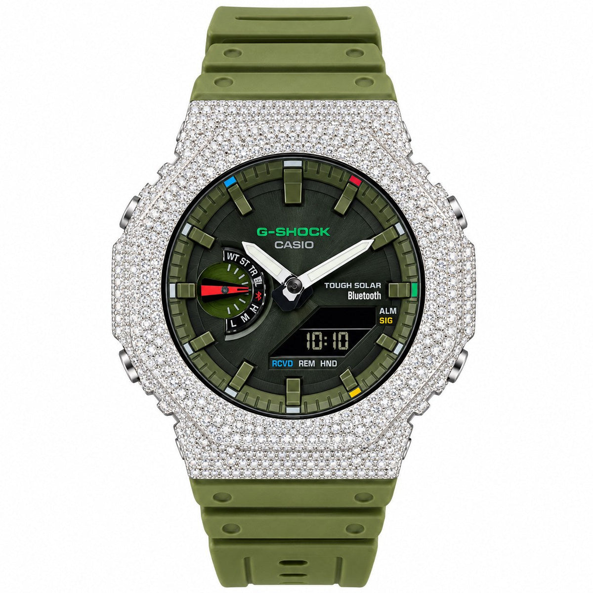Iced out moissanite G-Shock GA-2100 watch with olive green dial and band – fully iced moissanite case and bezel