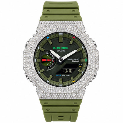 Iced out moissanite G-Shock GA-2100 watch with olive green dial and band – fully iced moissanite case and bezel