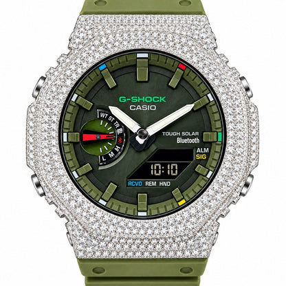 Iced out moissanite G-Shock GA-2100 watch with olive green dial and band – front view