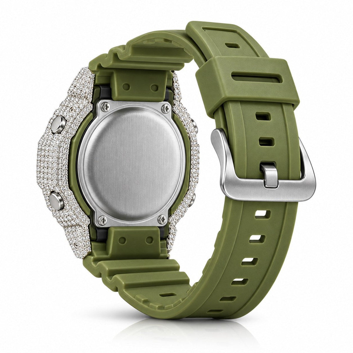 Iced out moissanite G-Shock GA-2100 watch with olive green dial and band – moissanite bust down watch