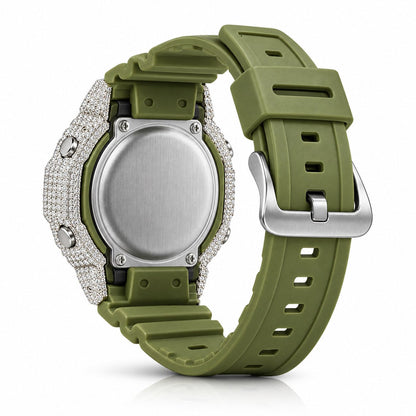 Iced out moissanite G-Shock GA-2100 watch with olive green dial and band – moissanite bust down watch