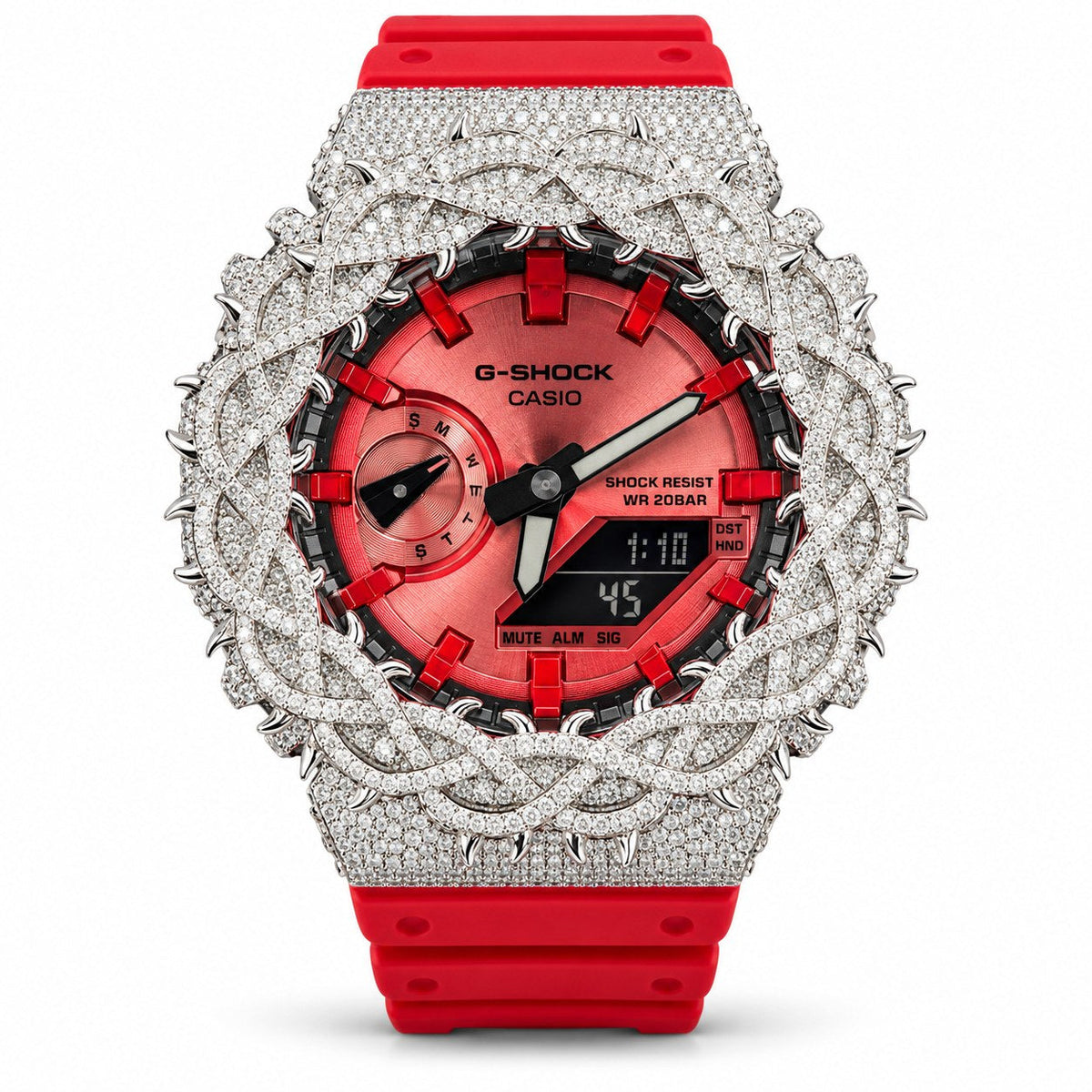 Iced out moissanite G-Shock GA-2100 watch with red dial and barbed wire bezel – front view