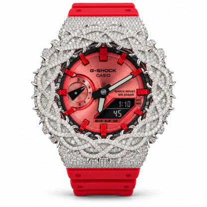 Iced out moissanite G-Shock GA-2100 watch with red dial and barbed wire bezel – front view