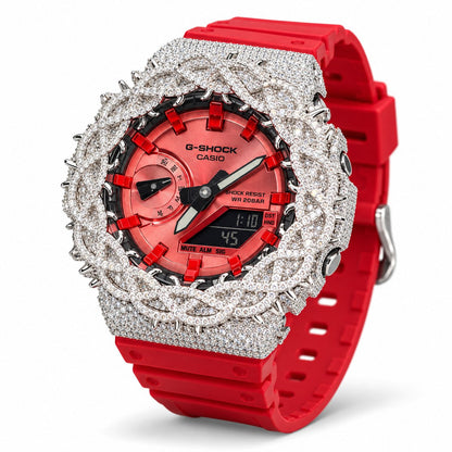 Iced out moissanite G-Shock GA-2100 watch with red dial and barbed wire bezel – custom bust down CasiOak