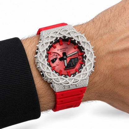 Iced out moissanite G-Shock GA-2100 watch with red dial and barbed wire bezel – men's hip hop iced out watch