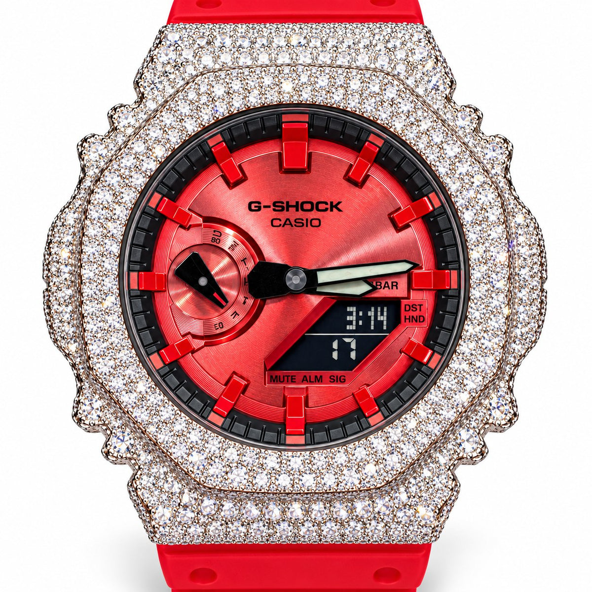 Iced out moissanite G-Shock GA-2100 watch with red dial and red band – front view