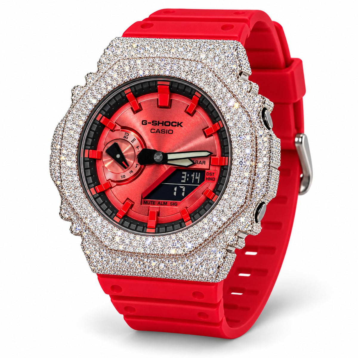 Iced out moissanite G-Shock GA-2100 watch with red dial and red band – custom bust down CasiOak