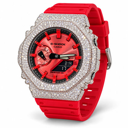 Iced out moissanite G-Shock GA-2100 watch with red dial and red band – custom bust down CasiOak