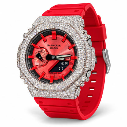 Iced out moissanite G-Shock GA-2100 watch with red dial and red band – fully iced moissanite case and bezel