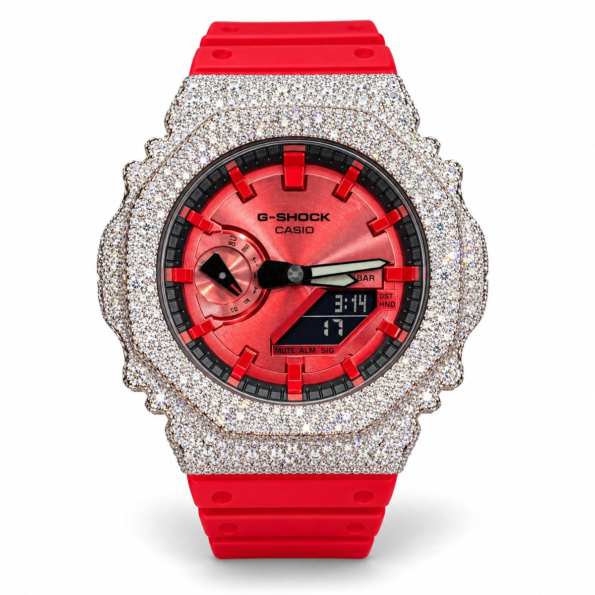 Iced out moissanite G-Shock GA-2100 watch with red dial and red band – custom iced G-Shock
