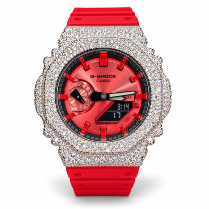 Iced out moissanite G-Shock GA-2100 watch with red dial and red band – custom iced G-Shock