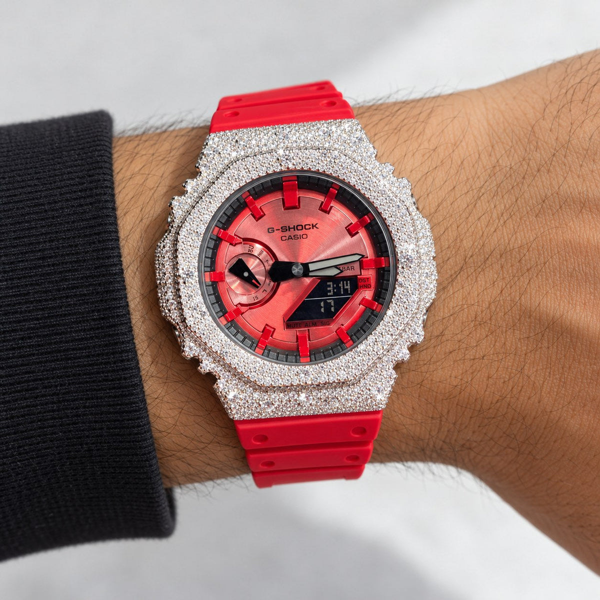 Iced out moissanite G-Shock GA-2100 watch with red dial and red band – moissanite bust down watch