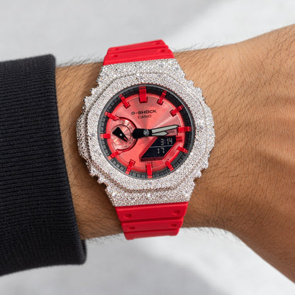 Iced out moissanite G-Shock GA-2100 watch with red dial and red band – moissanite bust down watch