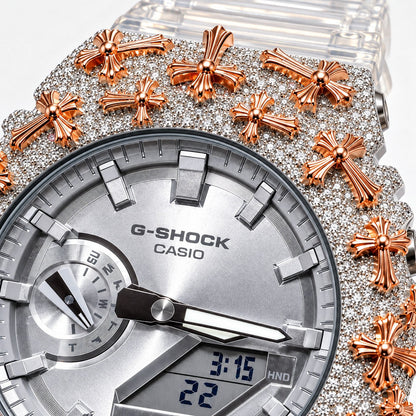 Iced out moissanite G-Shock GA-2100 watch with rose cross bezel and clear band – fully iced moissanite case and bezel
