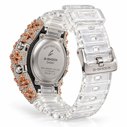 Iced out moissanite G-Shock GA-2100 watch with rose cross bezel and clear band – men's hip hop iced out watch