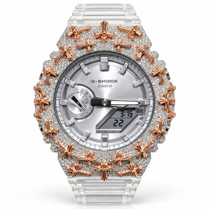 Iced out moissanite G-Shock GA-2100 watch with rose cross bezel and clear band – front view