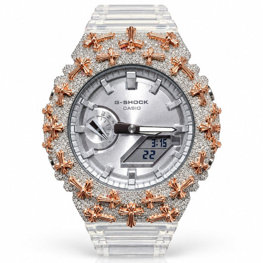 Iced out moissanite G-Shock GA-2100 watch with rose cross bezel and clear band – front view