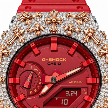 Iced out moissanite G-Shock GA-2100 watch with rose cross bezel and red dial – custom bust down CasiOak