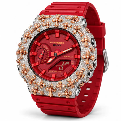 Iced out moissanite G-Shock GA-2100 watch with rose cross bezel and red dial – men's hip hop iced out watch