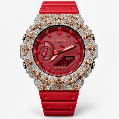 Iced out moissanite G-Shock GA-2100 watch with rose cross bezel and red dial – custom iced G-Shock