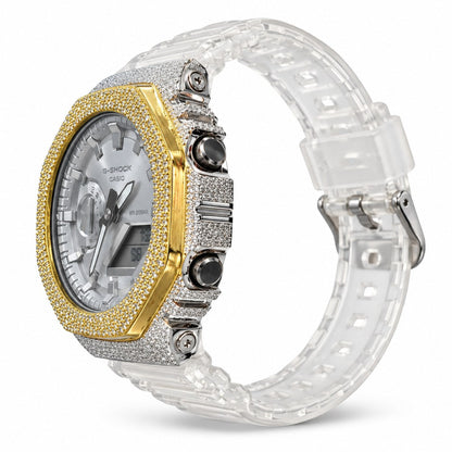 Iced out moissanite G-Shock GA-2100 watch with two-tone iced bezel and clear band – custom bust down CasiOak