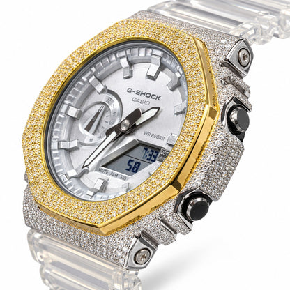 Iced out moissanite G-Shock GA-2100 watch with two-tone iced bezel and clear band – fully iced moissanite case and bezel