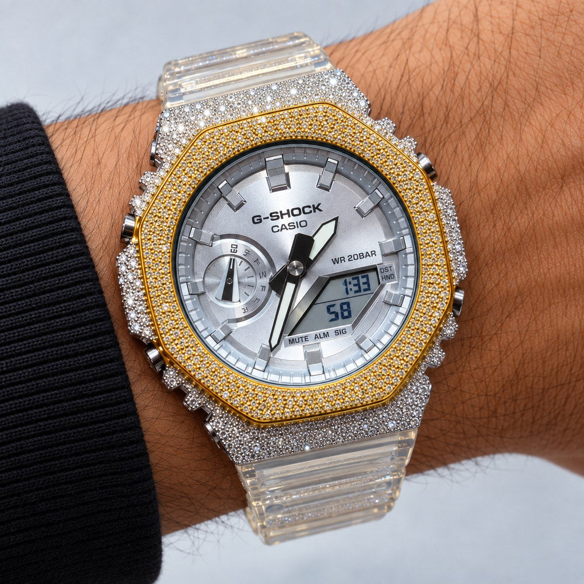 Iced out moissanite G-Shock GA-2100 watch with two-tone iced bezel and clear band – men's hip hop iced out watch