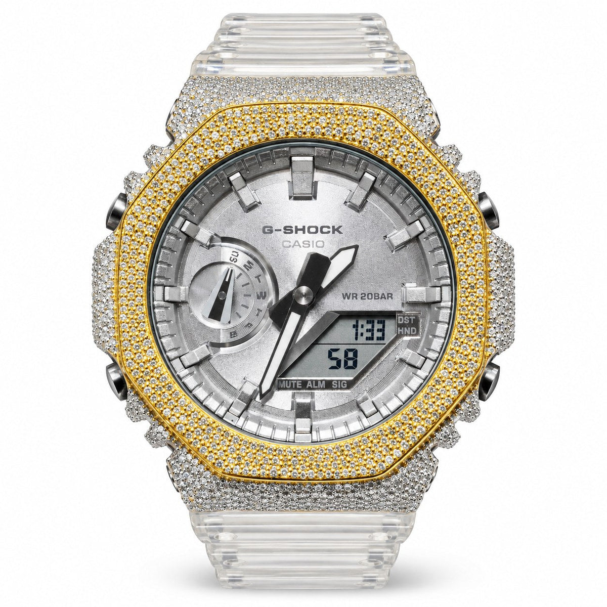 Iced out moissanite G-Shock GA-2100 watch with two-tone iced bezel and clear band – front view