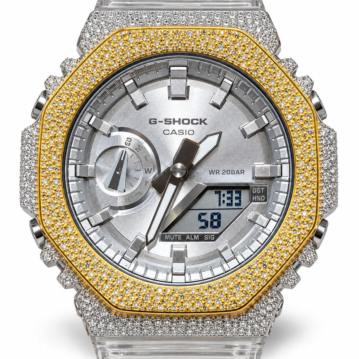 Iced out moissanite G-Shock GA-2100 watch with two-tone iced bezel and clear band – iced out CasiOak